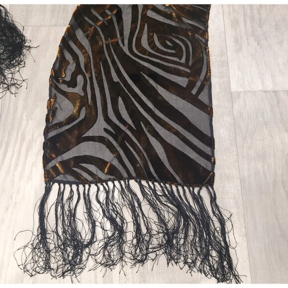Chico's Silk Rayon Sheer Scarf 13” x 63” Gold Velvet Black Net Fringe Elegant - Picture 3 of 7